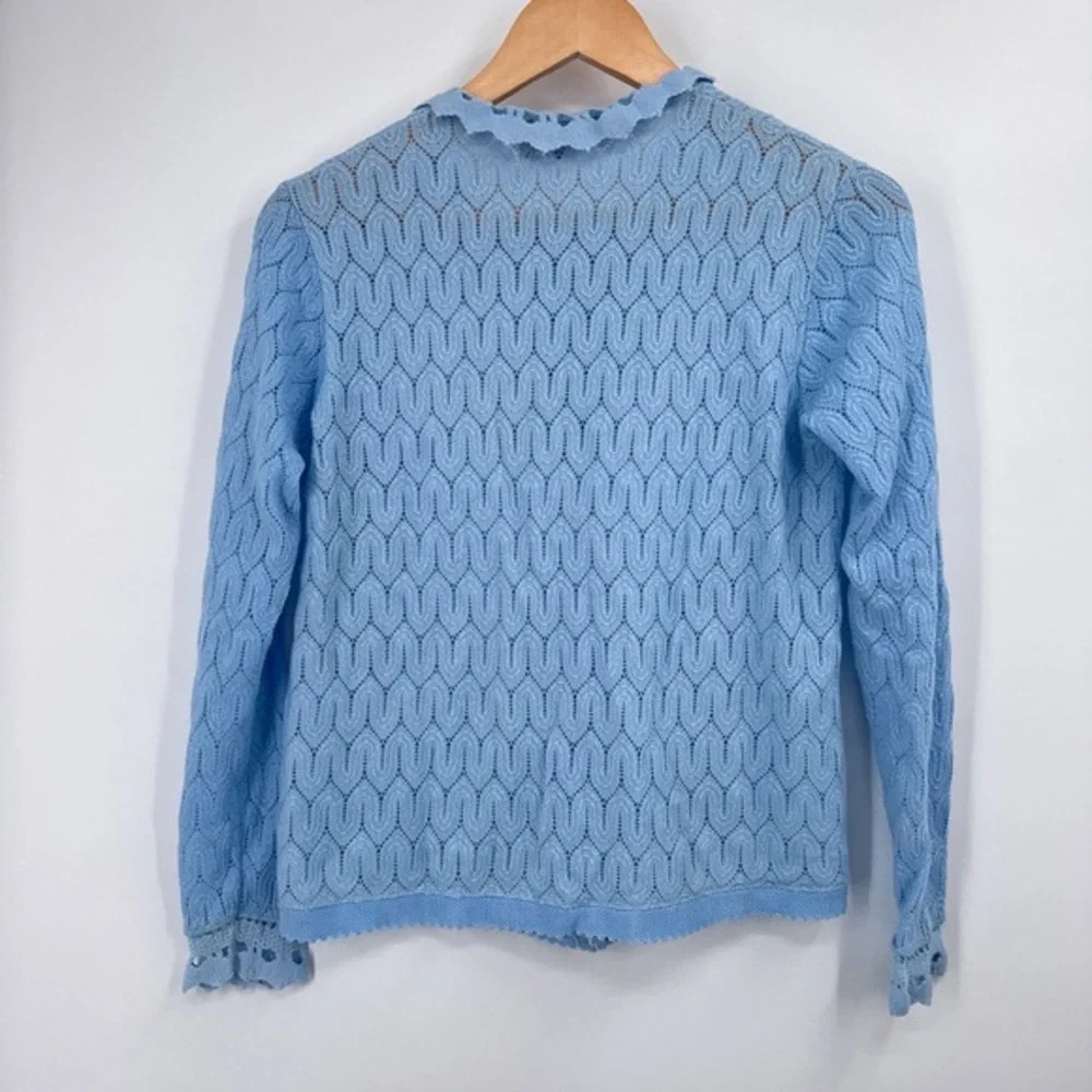 Vintage 70s Blue Open Knit Cardigan Womens M Lace Coquette Pastel Feminine Cute - Picture 6 of 8